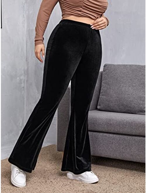 Floerns Women's Plus Size Velvet Flare Leg Pants Solid Bell Bottom Trousers