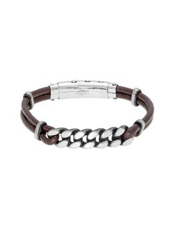 Stainless Steel & Brown Leather Adjustable Bracelet