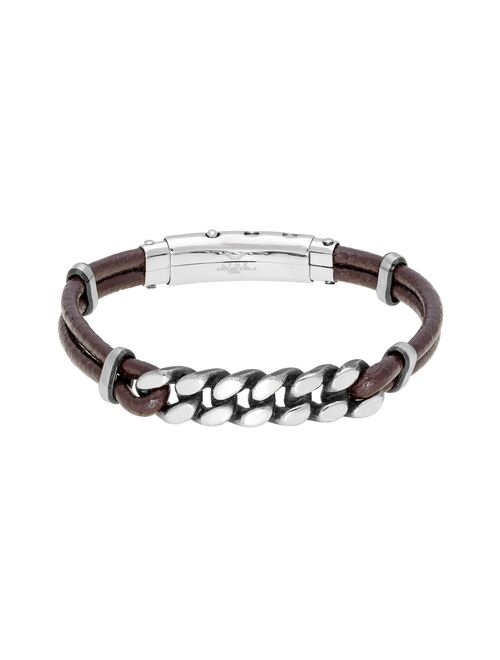 Men's LYNX Stainless Steel & Brown Leather Adjustable Bracelet