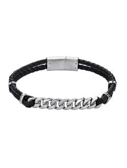 Stainless Steel Link & Braided Black Leather Bracelet