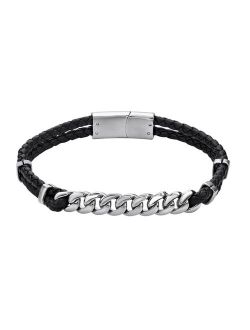 Stainless Steel Link & Braided Black Leather Bracelet