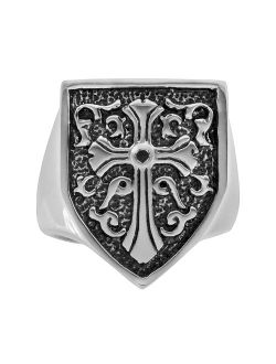 Stainless Steel and Black Immersion-Plated Stainless Steel Black Diamond Accent Cross and Shield Ring - Men