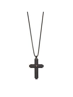 Men's Black Stainless Steel & Carbon Fiber Cross Pendant Necklace
