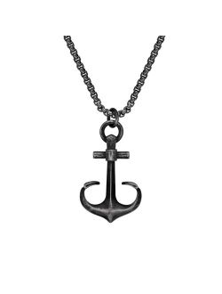 Antiqued Stainless Steel Box Chain Anchor Pendant Necklace