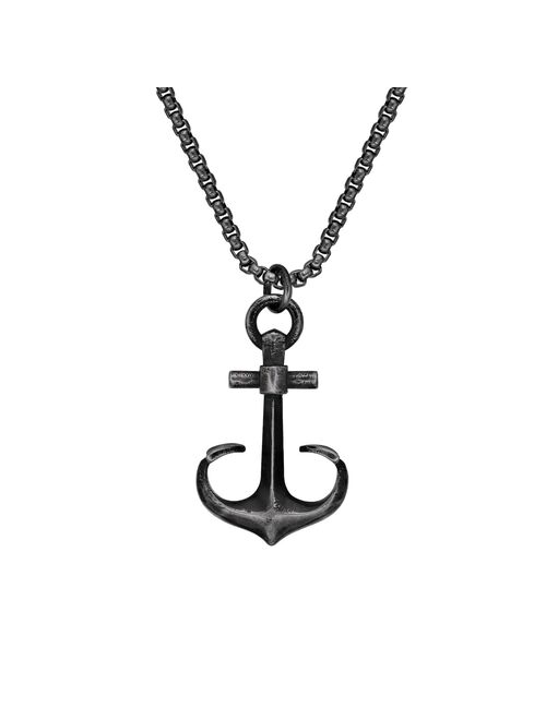 Men's LYNX Antiqued Stainless Steel Box Chain Anchor Pendant Necklace