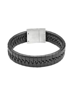 Stainless Steel & Black Leather Bracelet - Men