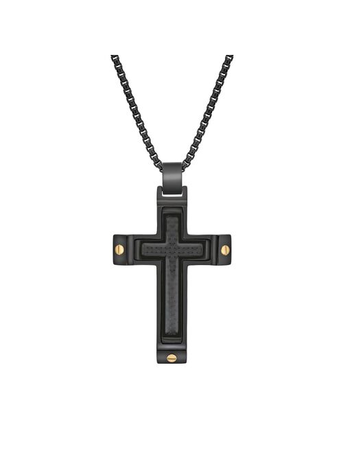 LYNX Men's Black Ion-Plated Stainless Steel Cross Necklace with Carbon Fiber Inlay