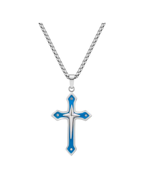 LYNX Men's Blue Ion-Plated Stainless Steel Cross Pendant Necklace