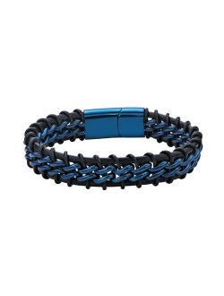 Blue Ion Plated Stainless Steel & Braided Leather Bracelet