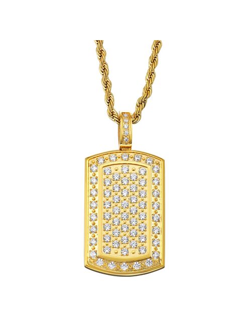 Men's Cubic Zirconia Gold Tone Stainless Steel Dog Tag Necklace