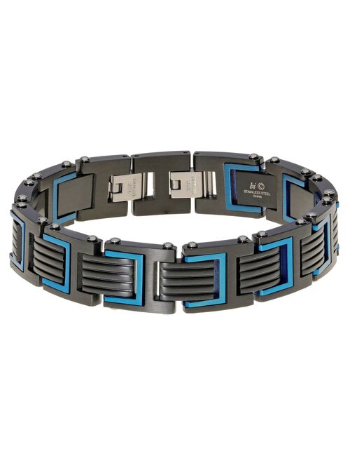 Men's LYNX Black & Blue Ion-Plated Stainless Steel Ribbed Link Bracelet