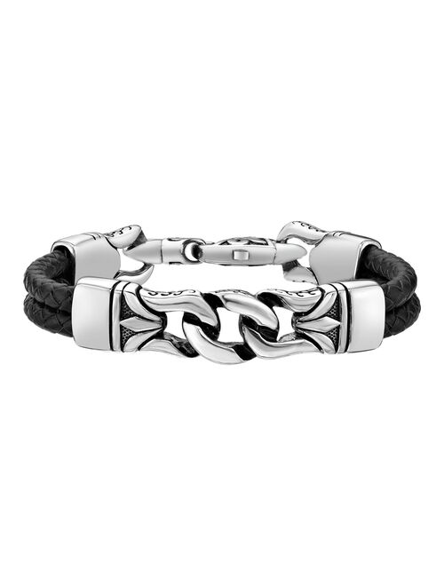 Men's LYNX Black Ion-Plated Stainless Steel Black Leather Bracelet