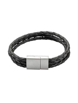 Stainless Steel & Black Leather Bracelet - Men