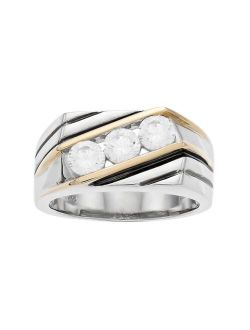 Men's Two Tone Sterling Silver Cubic Zirconia 3-Stone Ring
