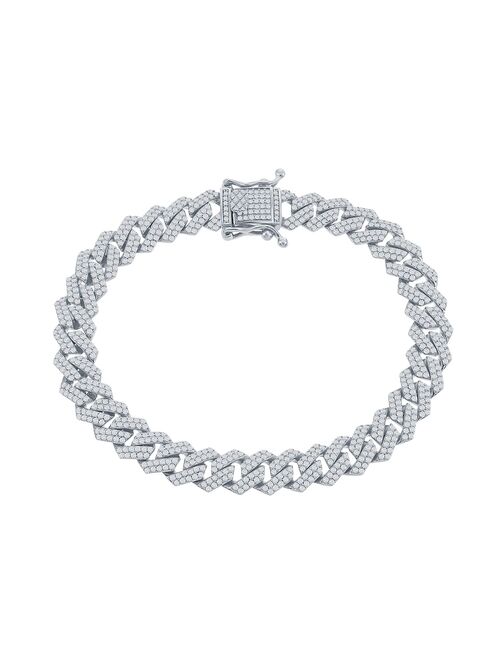 Men's Sterling Silver Cubic Zirconia Monaco Chain Bracelet
