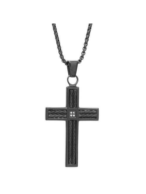 Men's LYNX Stainless Steel Black Ion Cubic Zirconia Cross Pendant