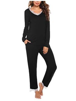 Women Pajama Set Lace Sleepwear V Neck Loungewear Long Sleeve Solid Pjs S-XXL