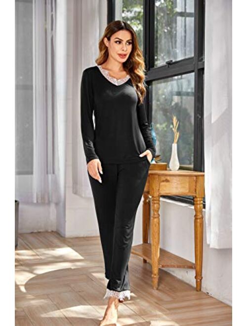 Hotouch Women Pajama Set Lace Sleepwear V Neck Loungewear Long Sleeve Solid Pjs S-XXL