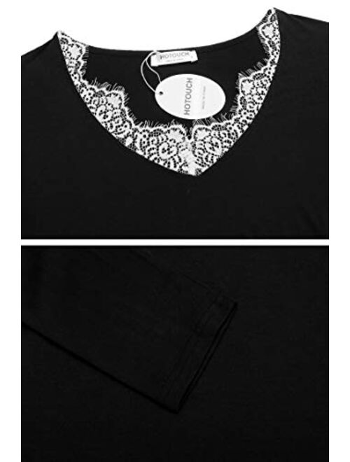 Hotouch Women Pajama Set Lace Sleepwear V Neck Loungewear Long Sleeve Solid Pjs S-XXL