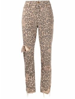 distressed leopard-print high-waisted trousers