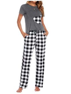 Women's Pajama Set Short Sleeve Tops and Pants 2 Pcs Pj Set Cute Pjs Sets O Neck Plaid Pajama S-XXL