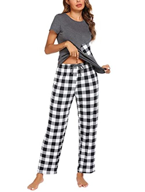 Hotouch Women's Pajama Set Short Sleeve Tops and Pants 2 Pcs Pj Set Cute Pjs Sets O Neck Plaid Pajama S-XXL