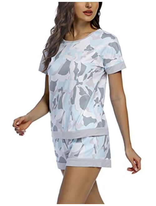 Hotouch Womens Tie Dye Printed Pajamas Sets Short Sleeve Tops with Shorts Lounge Set Casual Two-Piece Sleepwear Pj Sets