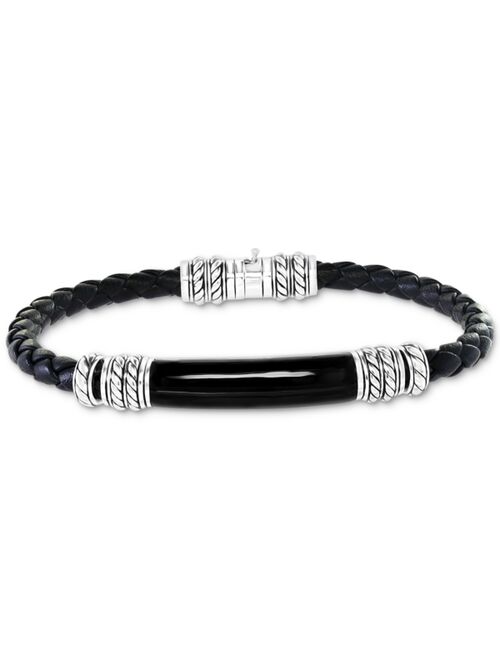 EFFY Collection EFFY® Men's Onyx Black Leather Braided Bracelet in Sterling Silver