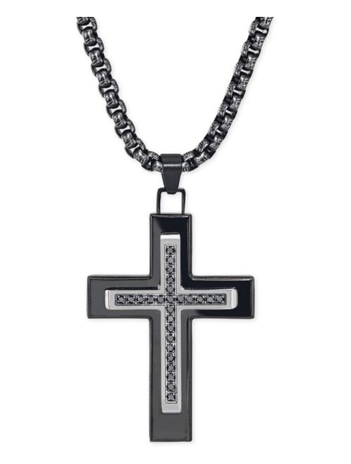 Esquire Men's Jewelry Black Diamond (1/4 ct. t.w.) Cross Necklace in Black IP over Stainless Steel, Created for Macy's
