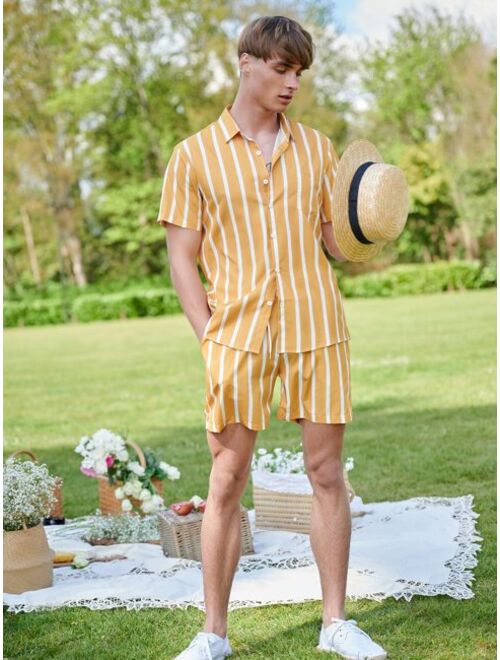 Shein Men Striped Print Button Front Shirt With Drawstring Waist Shorts