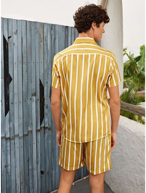 Shein Men Striped Print Button Front Shirt With Drawstring Waist Shorts
