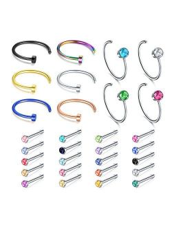 Incaton 30-36Pcs 22G Nose Rings Nose Studs Nose Piercing Jewelry Nose Ring Hoop Screw Stainless Steel for Women Men