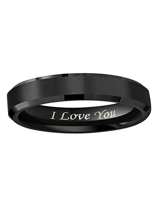 Crownal 4mm 6mm 8mm Black/Silver/Gunmetal/Gold Tungsten Wedding Couple Bands Rings Men Women Matte Brushed Finish Center Engraved"I Love You" Size 4 To 17