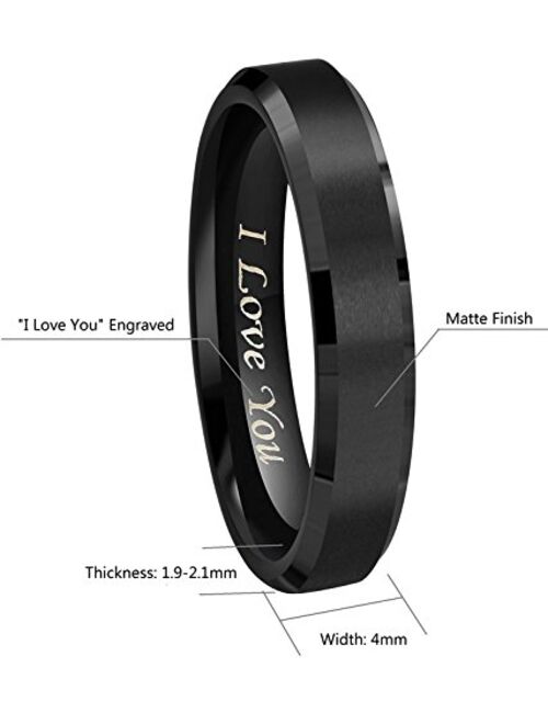 Crownal 4mm 6mm 8mm Black/Silver/Gunmetal/Gold Tungsten Wedding Couple Bands Rings Men Women Matte Brushed Finish Center Engraved"I Love You" Size 4 To 17