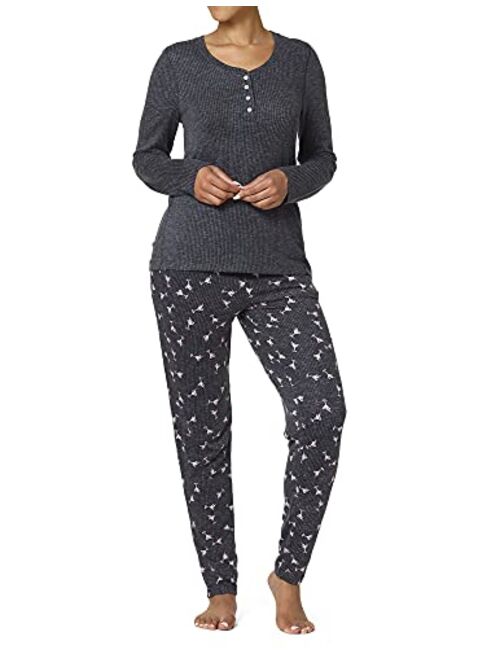 HUE Women's Textured Rib Henley Long Sleeve Tee and Jogger Pant 2 Piece Pajama Set