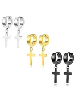 Szory 3 Pairs Stainless Steel Cross Earrings for Men Women Dangle Hoop Earrings