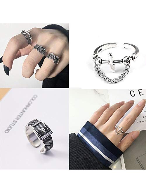 Sunnyouth Vintage Punk Open Rings Frog Leaf Chain Adjustable Ring for Women Men Girls Gothic Stackable Ring Jewelry Set