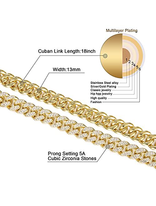 FEEL STYLE Mens Cuban Link Chain Gold Silver Plated Bling Miami Cuban Necklace Diamond Chain for Men13MM Iced Out Hip Hop Jewelry
