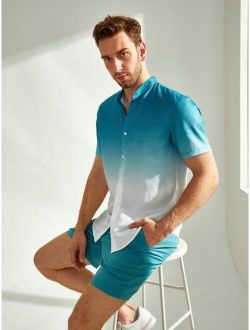 Men Ombre Button Up Shirt & Shorts Set