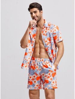 Men Notched Collar Floral Print Shirt & Shorts