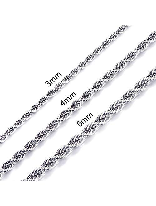 FEEL STYLE Men Necklace Stainless Steel Chain Silver Plated Chains 3-5mm Twist Rope Box Necklace 14-30 Inch Necklaces for Mens Women Boy Teen Jewelry Gift