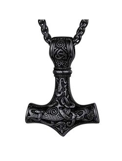 FaithHeart Norse Viking Thor's Hammer Talisman Necklace, Stainless Steel Men Vintage Original Jewelry Nordic Viking Vegvisir Mjolnir Compass Amulet Pendant (Gift Packagin