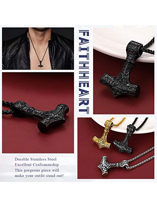 FaithHeart Norse Viking Thor's Hammer Talisman Necklace, Stainless Steel Men Vintage Original Jewelry Nordic Viking Vegvisir Mjolnir Compass Amulet Pendant (Gift Packagin