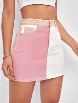 Women's Colorblock High Waist Denim Skirt Mini Skirts