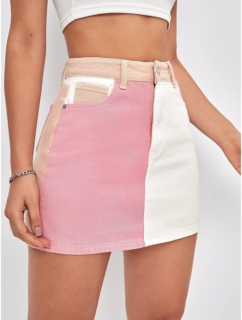 MakeMeChic Women's Colorblock High Waist Denim Skirt Mini Skirts