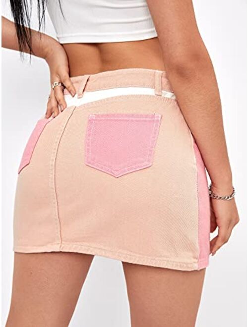 MakeMeChic Women's Colorblock High Waist Denim Skirt Mini Skirts