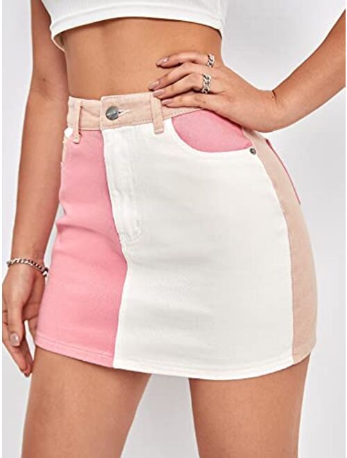 MakeMeChic Women's Colorblock High Waist Denim Skirt Mini Skirts
