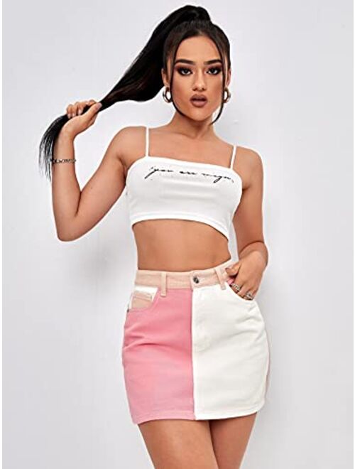 MakeMeChic Women's Colorblock High Waist Denim Skirt Mini Skirts