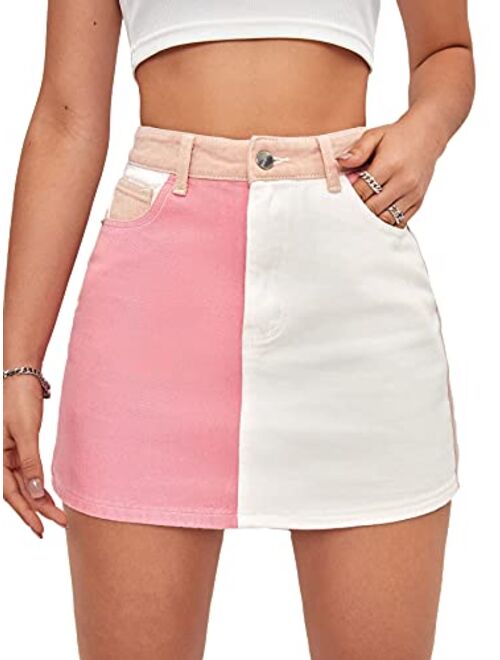 MakeMeChic Women's Colorblock High Waist Denim Skirt Mini Skirts