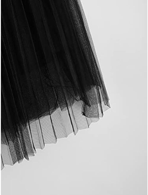 MakeMeChic Women's Mesh Pleated Hem High Waist A Line Long Skirt